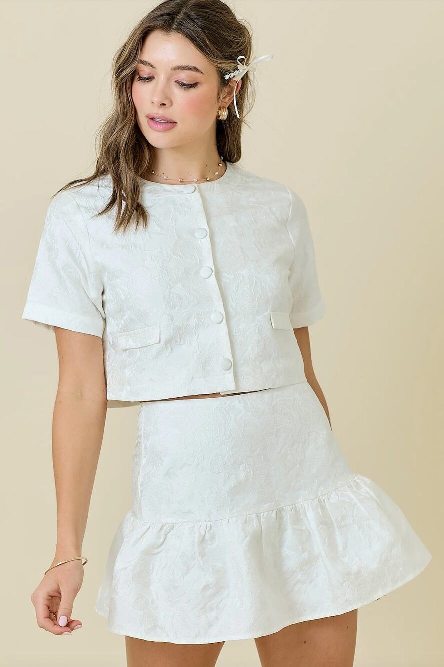 Day + Moon White Floral Jacquard Two Piece Skirt Set Crop Top Medium NWT